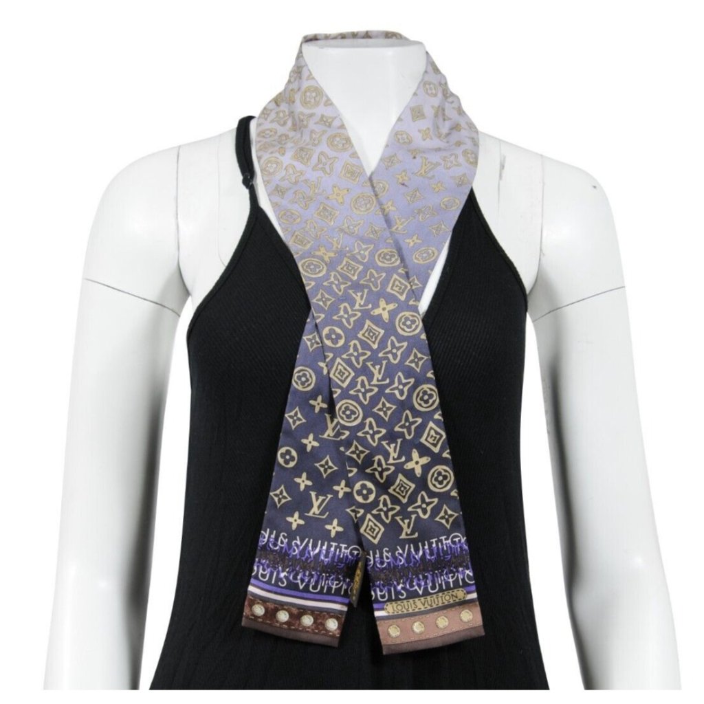 Louis Vuitton Womens Lv Monogram Map Bandeau Blue Ombre Silk Neck Tie Scarf